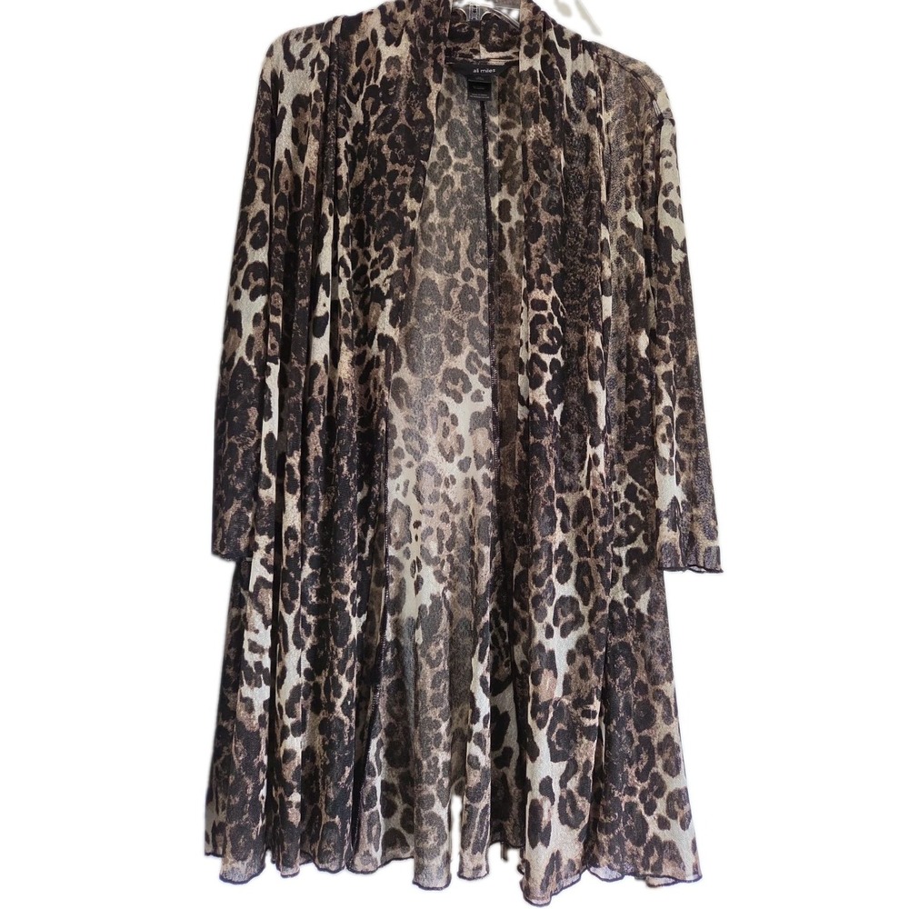 NWT ALI MILES Black Brown Leopard Print Open Front Mesh Sheer Cardigan Jacket XL